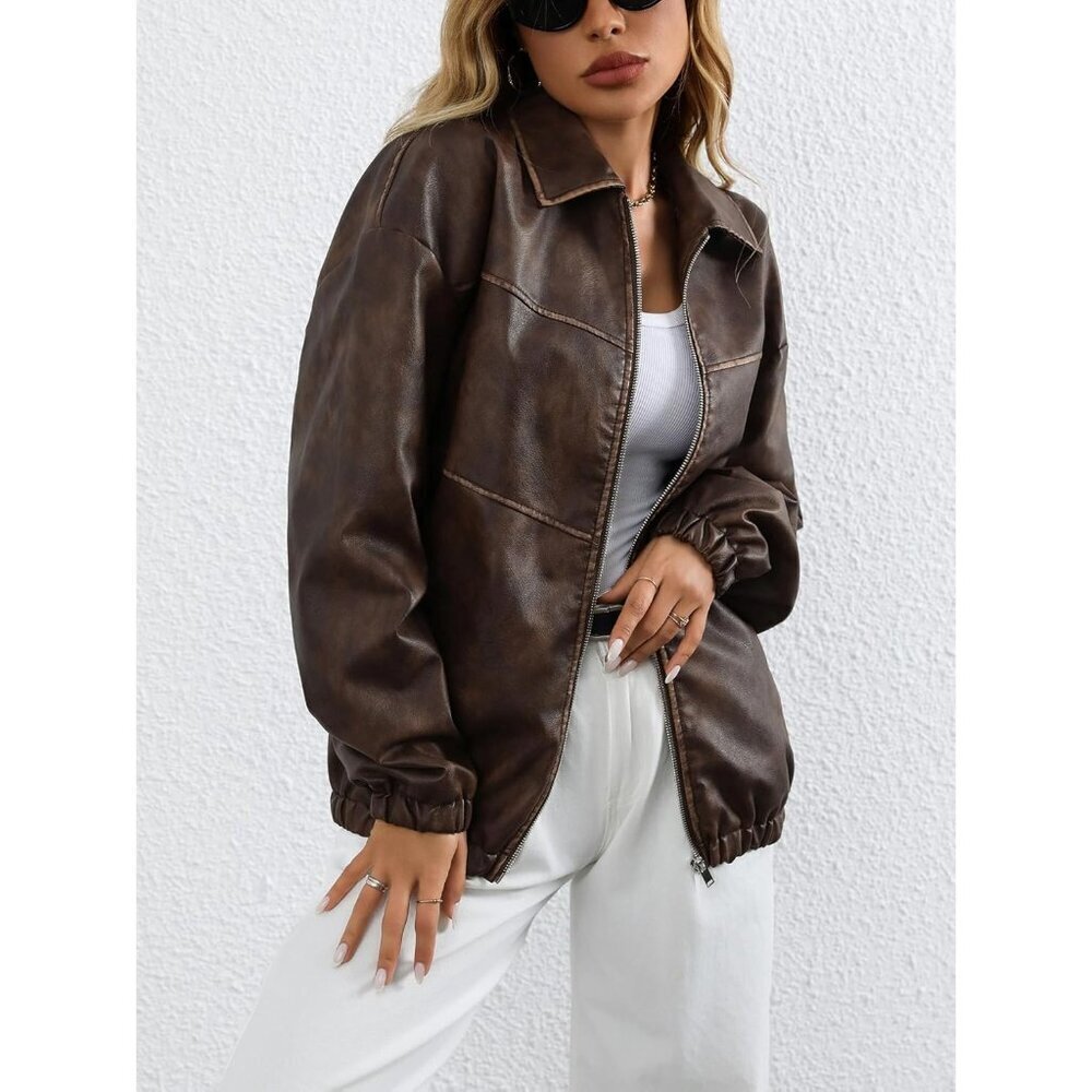 Women's Brown 2 Faux Leather Lapel Collar Zip Up Long Sleeve Short Coat Jacket - Picture 2 of 7